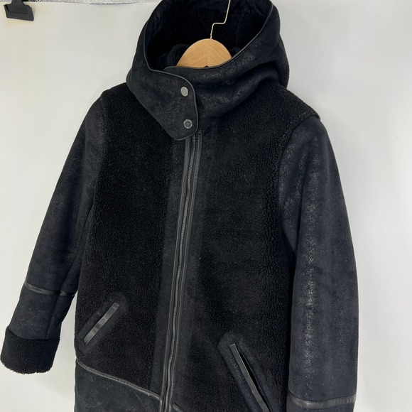Abercrombie Fitch Black Faux Leather Sherpa Lined Hooded Coat‎ Women's Size M - Picture 12 of 15